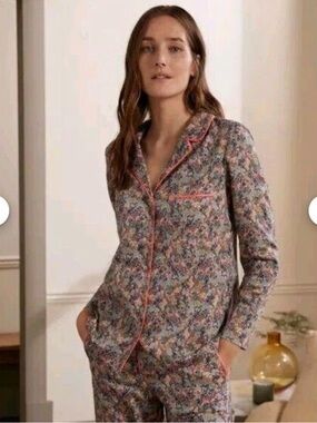 Boden Floral Cotton Pajama Top Button Up Long Sleeve Coral Blue Size 4